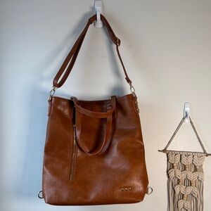 Like New PS Cognac Brown Faux Leather Convertible Backpack Tote Bag Work Purse